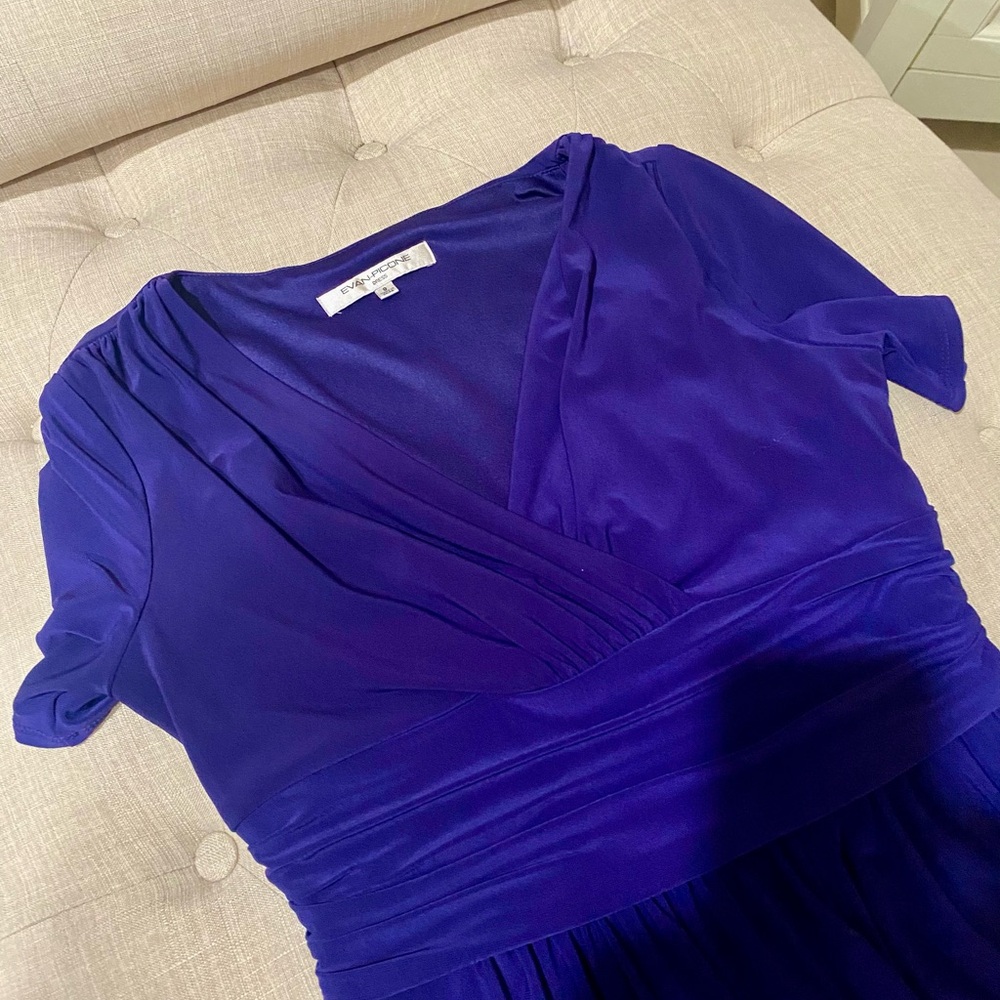 NWOT Evan-Picone Blue Midi Wrap Ruched Sundress with Puff Sleeves - Picture 2 of 5